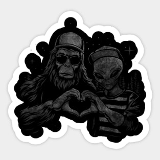 Bigfoot and Alien Heart Hands Funny Cryptid Love Space Sticker